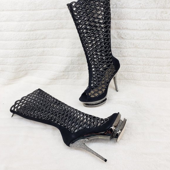 Fantasia Cutout Genuine Suede Rhinestone Boot 6" Heel Knee Boots - Picture 10 of 12